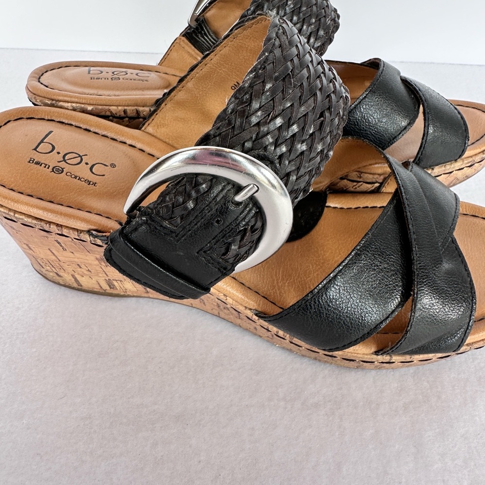 Born Concept Women's Sz 9M Buckle Wedge Slide Black/Brown Cork Sandals